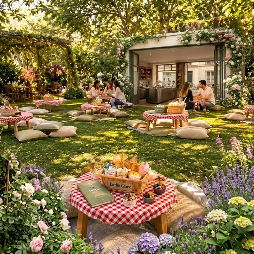 jardin avec table où manger une glace artisanale